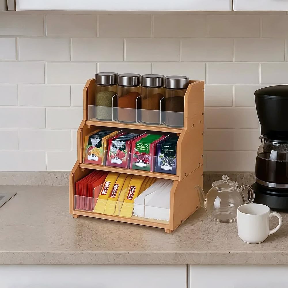 DOUKE Wooden Tea Bag Organizer – 2-Tier Stackable Tea Box with Adjustable Dividers, Safe Bamboo Tea Storage, Countertop Tea Holder for Coffee Tea Station, Kitchen, Office