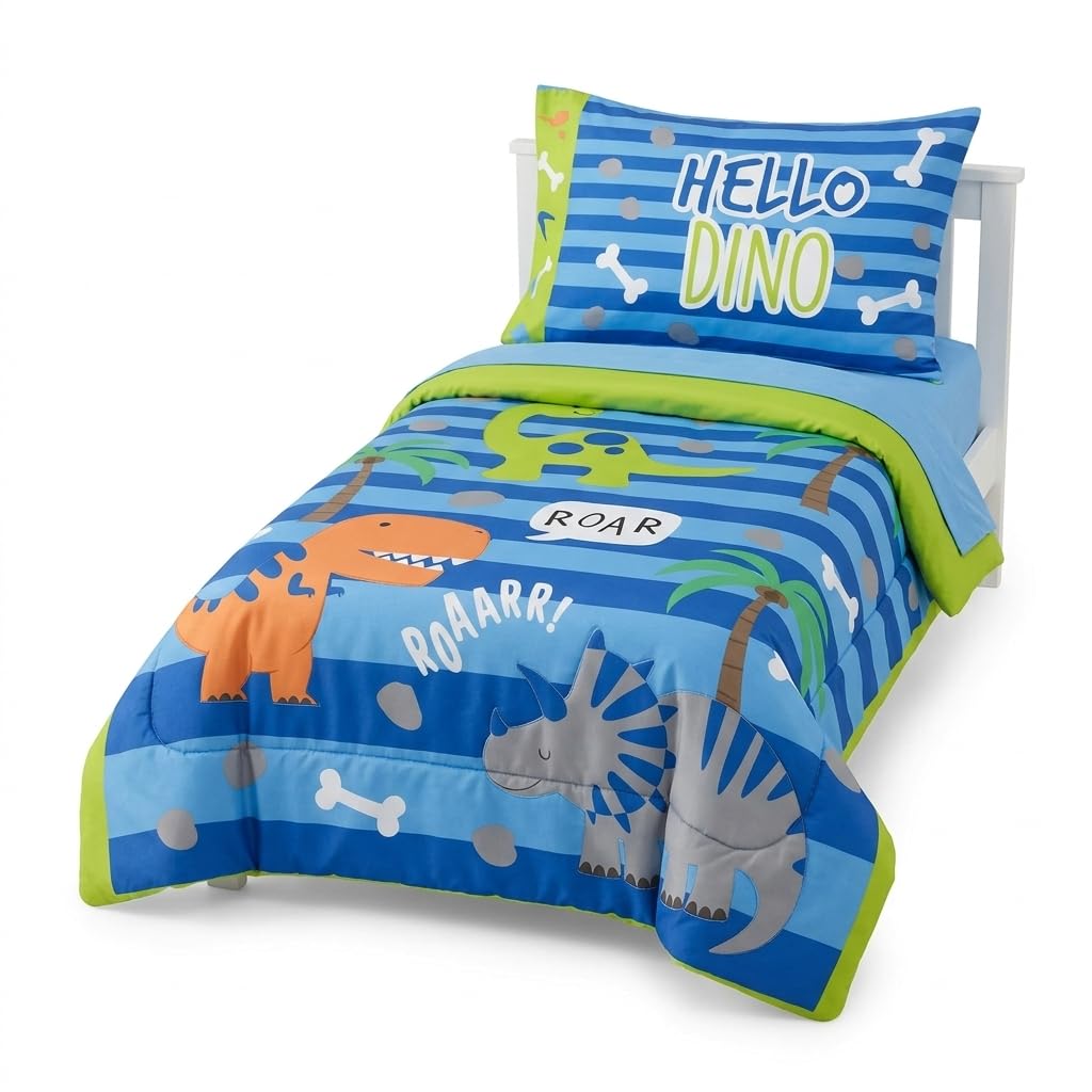 EVERYDAY KIDS 4 Piece Toddler Bedding Set – Roaring Dinosaurs - Includes Comforter, Flat Sheet, Fitted Sheet and Reversible Pillowcase – Boys Toddler Bedding