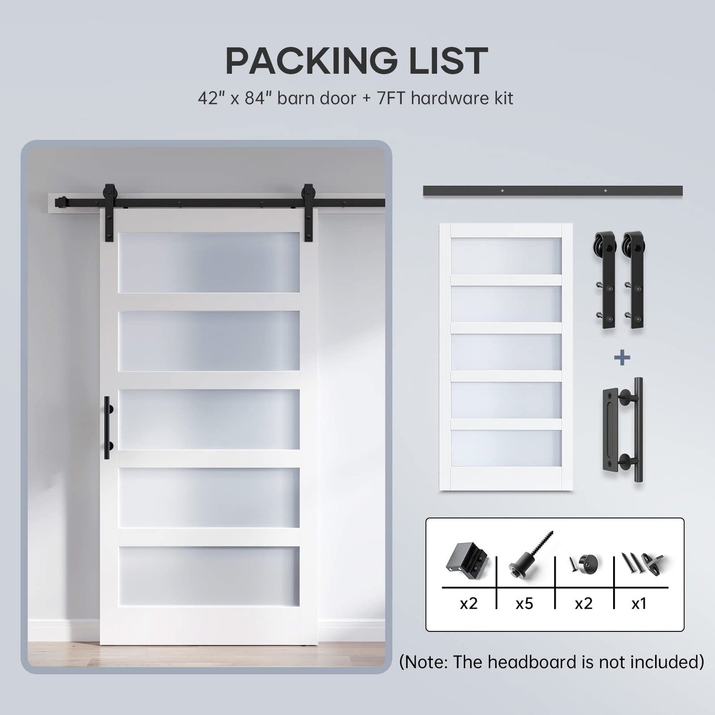 ROYMELO 42x84 Inch Glass Sliding Barn Door Slab and 7ft Hardware Kit Included, 5 Frosted Glass, LVL Wood Panel Covered with White Water-Proof Scratch-Proof PVC Surface, Simple DIY Assembly