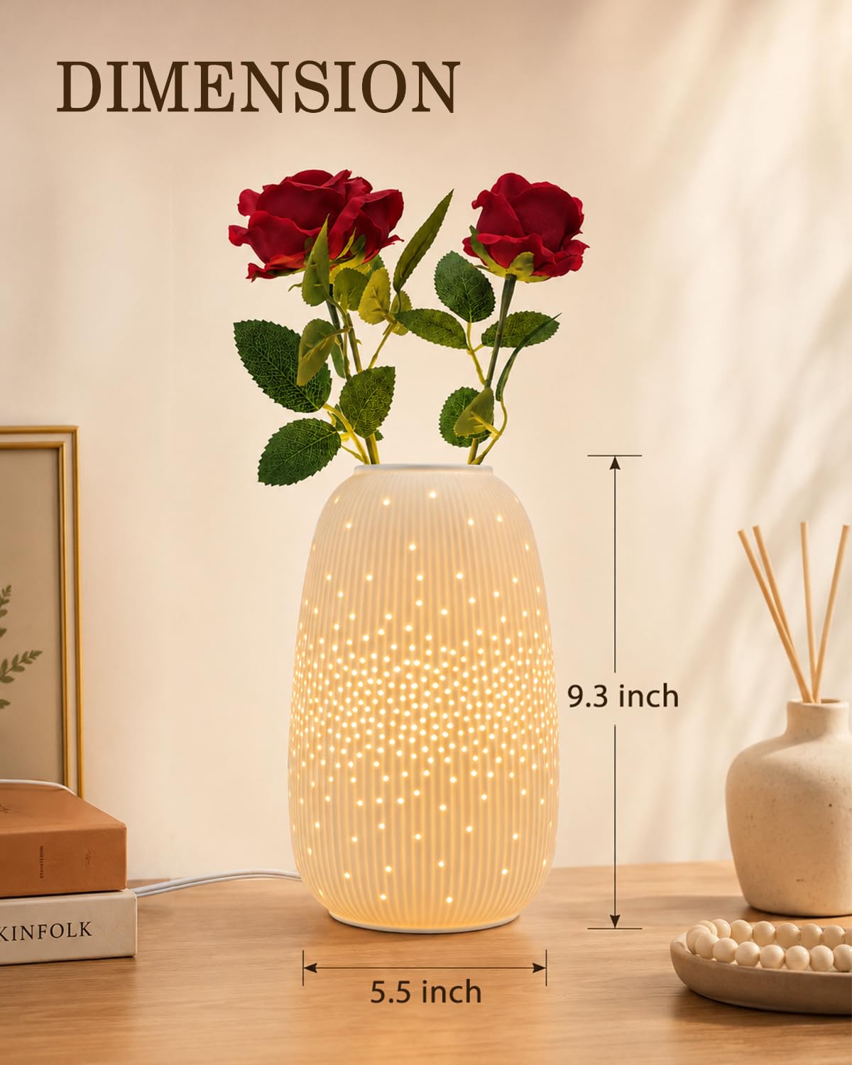 TACAHE Ceramic Vase Table Lamp, 2700K Bulb & 3 Artificial Flowers Included, E12 Socket, Inline Switch, Handmade Openwork Craft, Ambient Light for Living Room Bedroom - Starry 9.3"