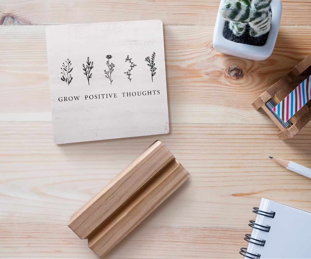 EIONEY Boho Neutral Botanical Desk Decor Wood Plaque with Wooden Stand,Grow Positive Thoughts Mental Health Therapy Office Desk Accessories,School Counseling Office Must Haves,Shelf Decor Aesthetic