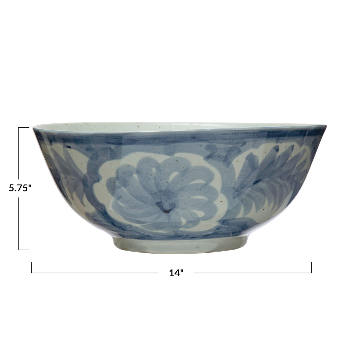 Creative Co-Op Hand Painted Stoneware Bowl with Floral Design, Blue and White