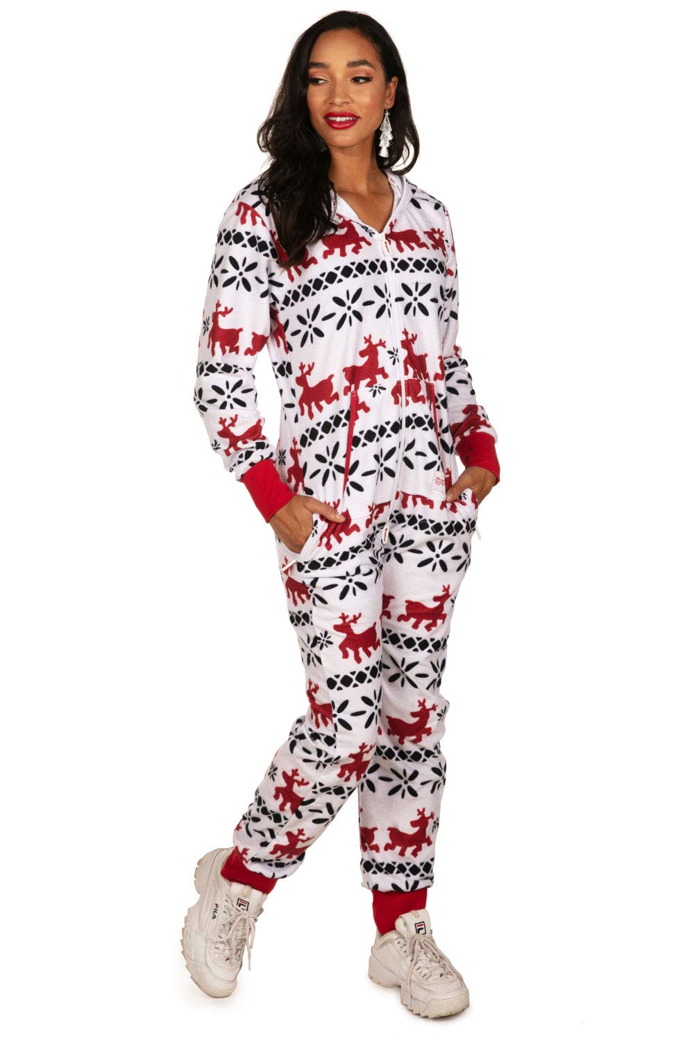 Tipsy Elves Christmas Onesies for Adults - Comfy Unisex Matching Holiday Jumpsuits with Convenient Pockets - White Fair Isle Christmas Jumpsuit Size X-Large
