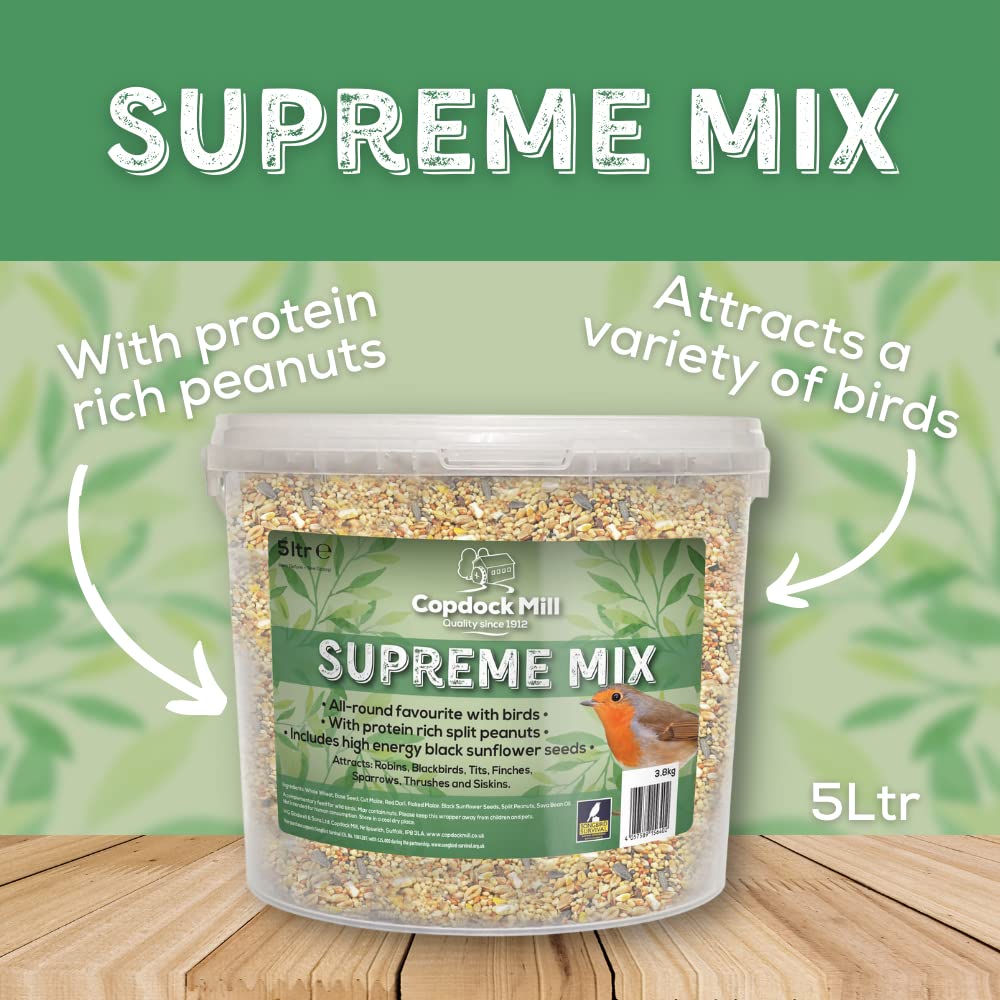 Copdock Mill Wild Bird Seed Supreme Mix 5L Tub – All Year-Round Bird Food – 100% Natural Ingredients Including Peanuts for Wild Birds – Suitable for All Wild Bird Species
