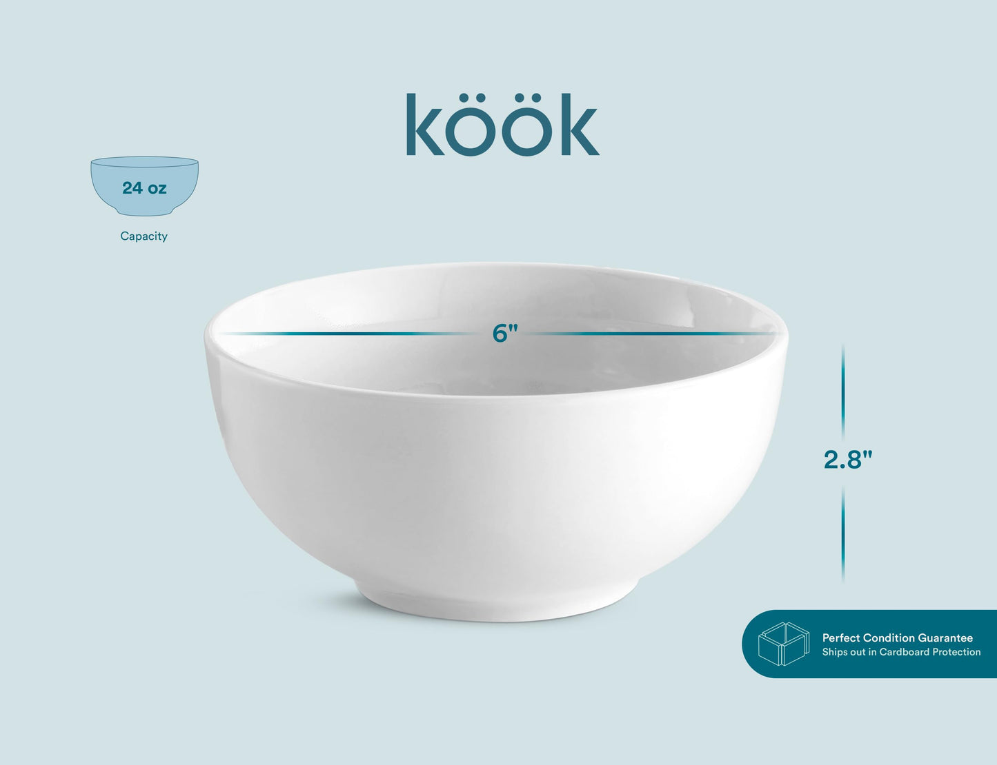 KooK Ceramic Soup bowls, Microwave, Dishwasher and Freezer Safe, Porcelain Dishes for Soup, Pasta, Salad, Oatmeal, Deep Interior, 24 oz, Set of 6, Marshmallow White