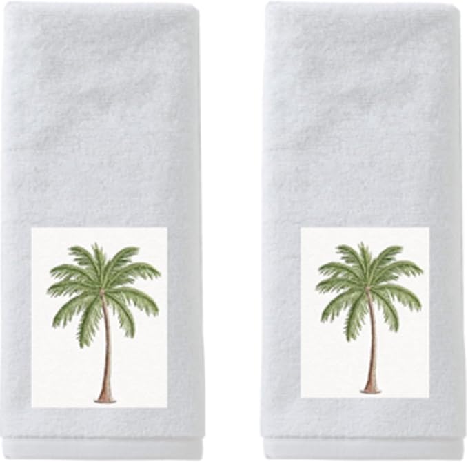 2 Pcs Palm Tree Hand Towels White-Green Bathroom Decor 14x29 Inch Embroidered