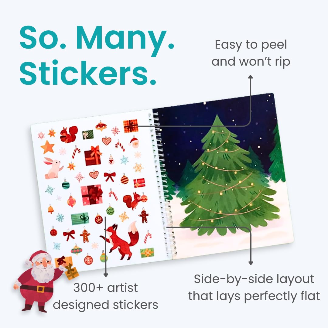 CUPKIN Holly Jolly Holiday Stickers for Kids Toddler Sticker Book, Santa Christmas Activity Book, Toddler Travel Essentials, 300+ Christmas Stickers + 8 Sticker Scenes and Coloring Pages, Ages 2+