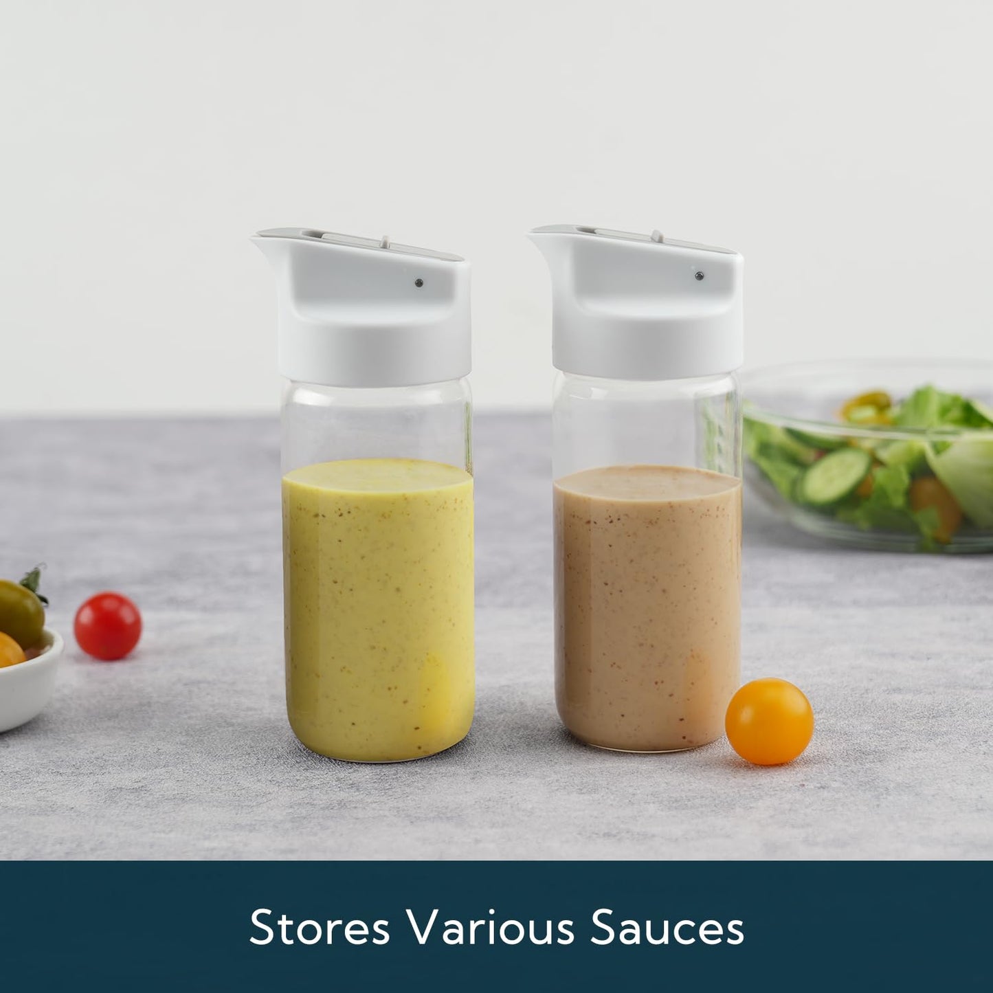 KITCHENDAO Glass Salad Dressing Shaker Bottle with Fresh-Keeping Lock Mechanism, Drip-free Spout, 12 oz Homemade Oil and Vinegar Salad Dressing Container Mixer Dispenser, Dishwasher Safe