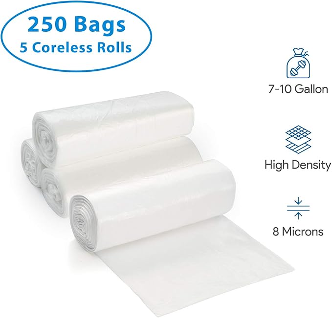 7-10 Gallon Clear Garbage Can Liners, Lightweight, 8 Microns