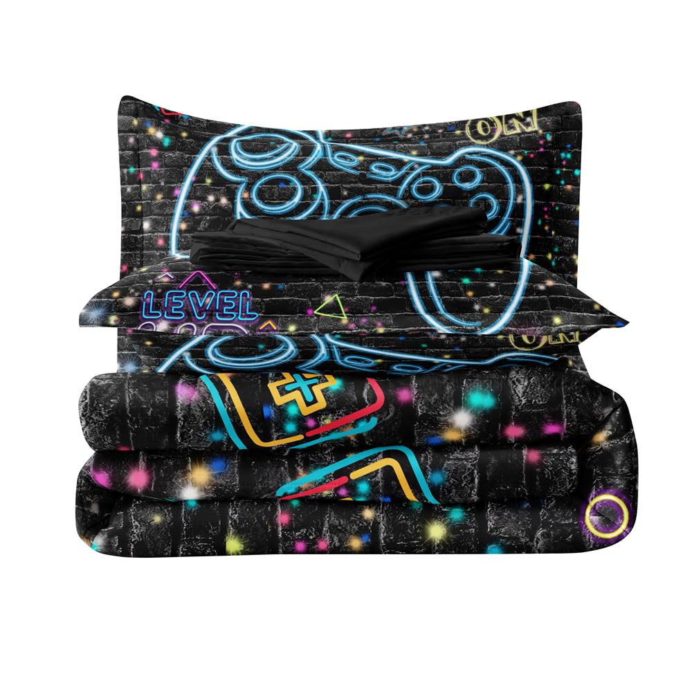 RUPSLO 5Pcs Gaming Comforter Set, Blue Lighting Effect 3D Gaming Contoller Themed Printing Gaming Bedding Sets for Kids Teen Boys,Twin Comforter Sets for Boys