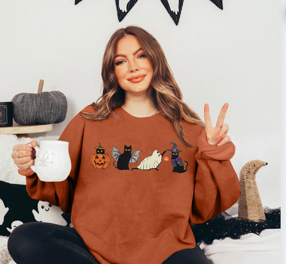 LUKYCILD Halloween Cat Sweatshirt Women Spooky Season Shirts Cute Ghost Cat Pumpkin Tee Halloween Crewneck Pullover Top Brown