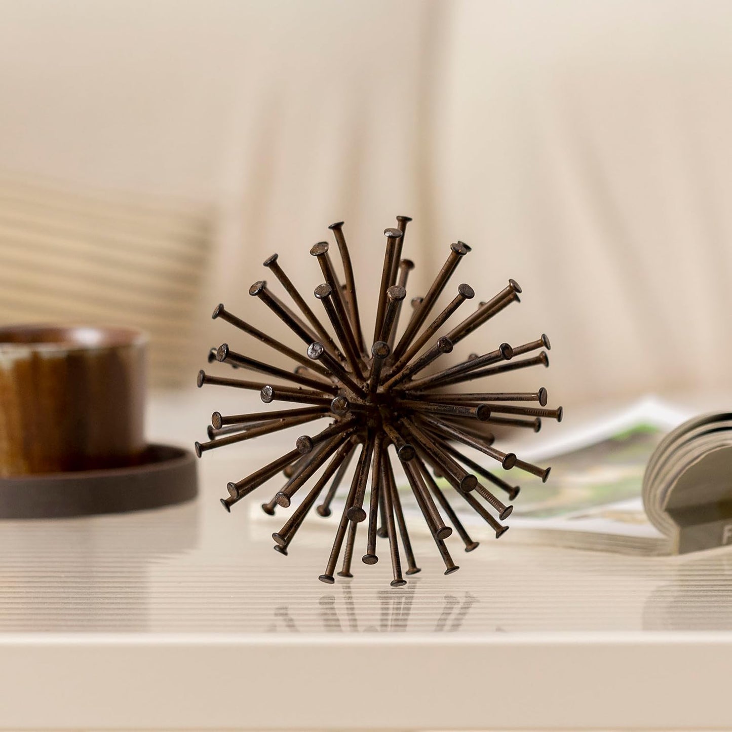 TICKCACY Metal Starburst Sculpture, Spike Tabletop Decorative Sphere, Small Abstract Geometric Urchin Decor Ball, Rusty Iron Table Top Decoration Orb for Home Living Room Bedroom Office Shelf