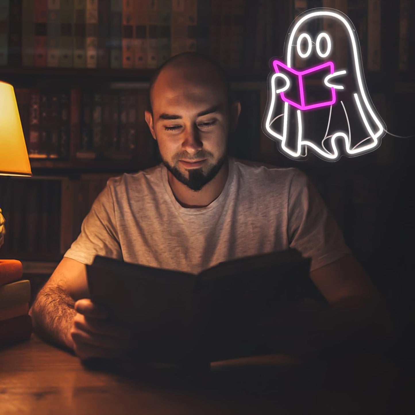 Ghost Reading Book lamp, Reading Ghost Neon Sign Led Reading Room Neon Sign Hanging Reading Book Neon Light For Bedroom Home Library Read Club Kids Room Store Book Lover Gifts(USB Sign)