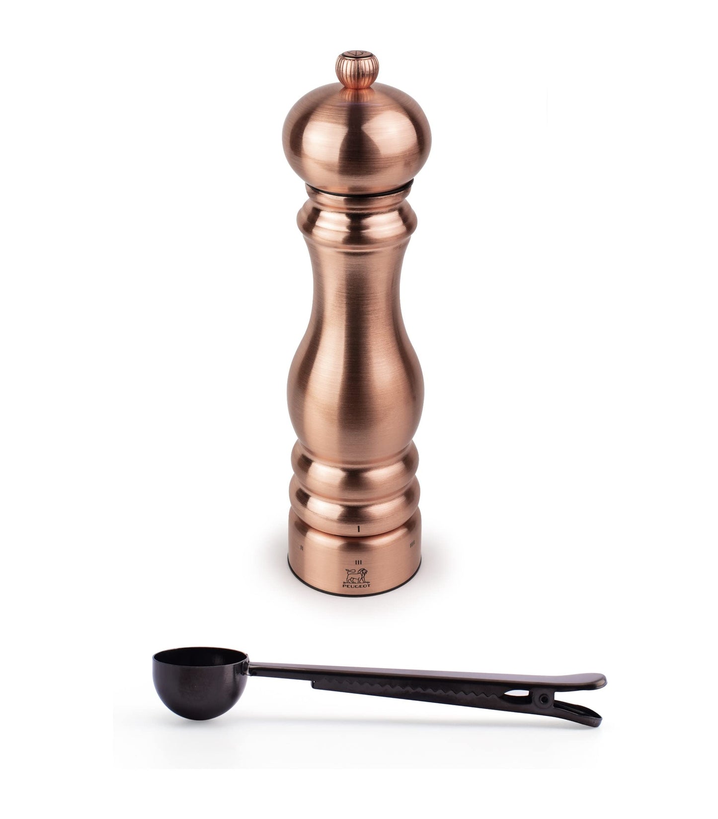 Peugeot Paris Chef u'Select Stainless Steel 22cm 9 inch Pepper Mill, Copper - With Stainless Steel Spice Scoop/Bag Clip