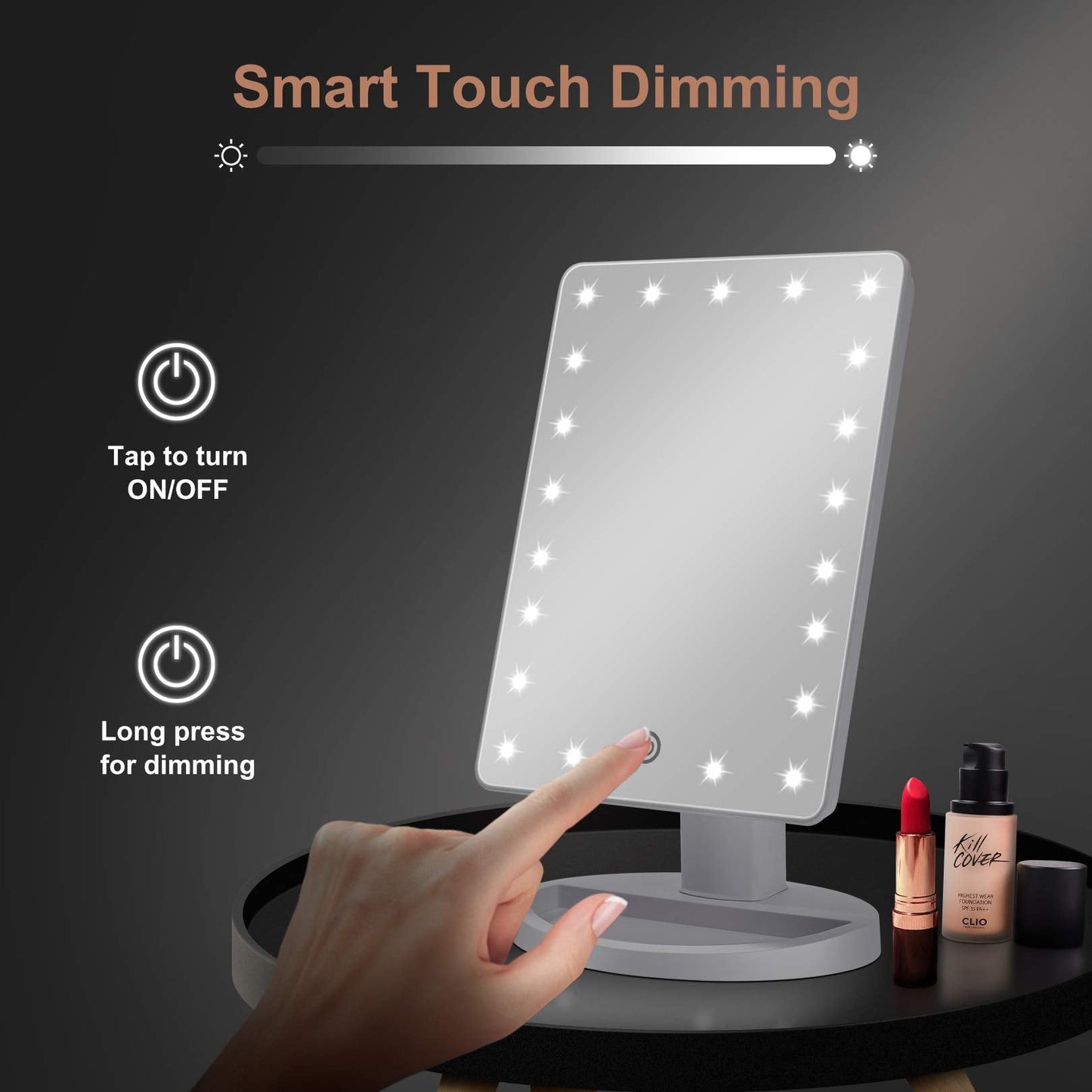FASCINATE Makeup Vanity Mirror with Lights and Detachable 10X Magnification, 21 Led Lights Adjustable Dimming Touch Sensor, Dual Power Supply, 180° Rotation, Portable Cosmetic Mirror(White)