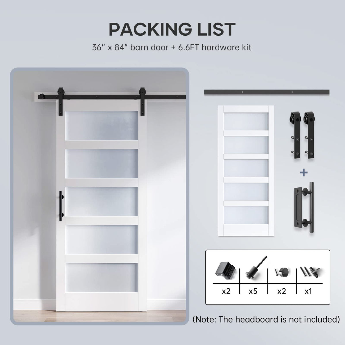ROYMELO 36x84 Inch Glass Sliding Barn Door Slab and 6.6ft Hardware Kit Included, 5 Frosted Glass, LVL Wood Panel Covered with White Water-Proof Scratch-Proof PVC Surface, Simple DIY Assembly