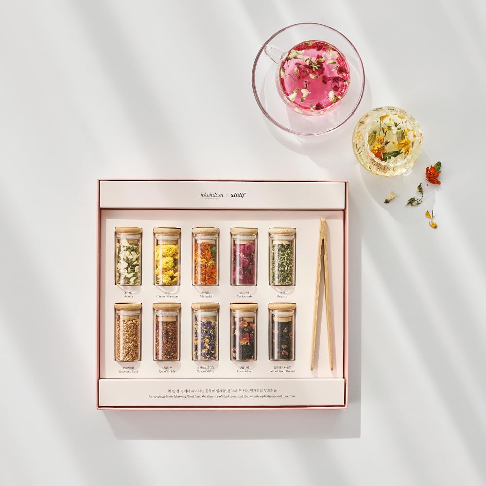 KKOKDAM Premium 10-Tea Sampler Gift Set with Wooden Tweezers ā 5 Blooming Flower & 5 Blended Loose Leaf Teas ā Unique Korean Gift Box for Women, Mom & Tea Lovers ā 1.68oz Variety Pack