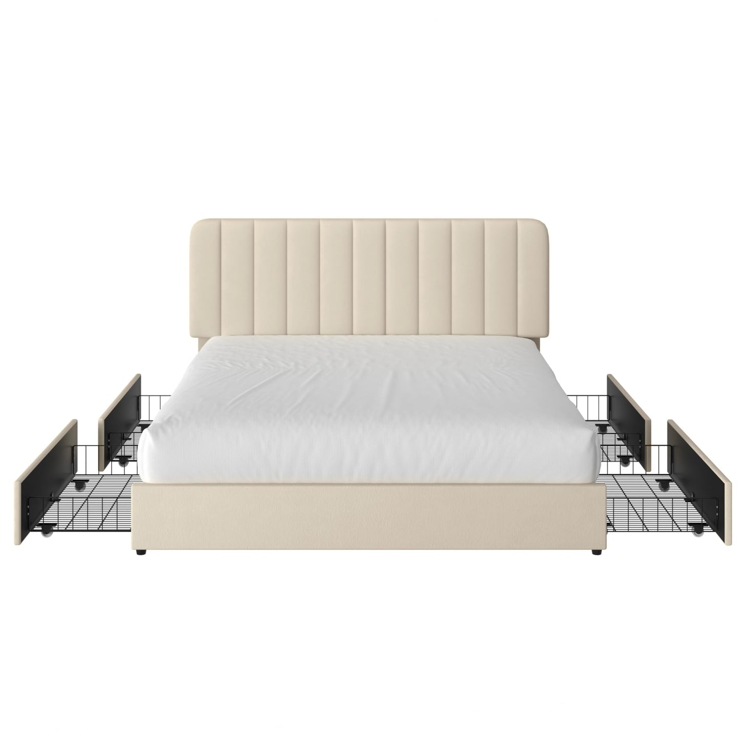 VECELO Queen Size Upholstered Bed Frame with 4 Drawers and Headboard, Velvet Platform Storage Bedframe, Wooden Slats Support, No Box Spring Needed, Beige