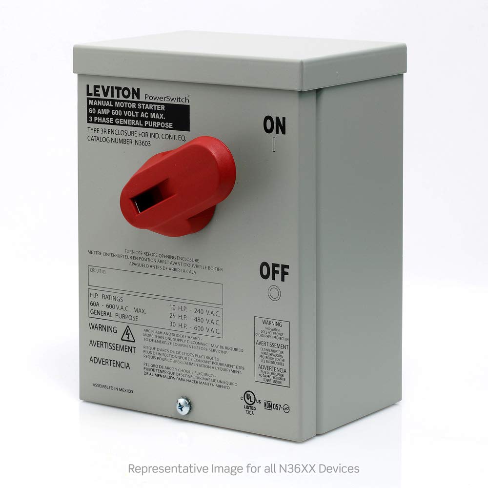 Leviton 60 Amp, 600 Volt, Toggle In Type 3R Enclosure Three-Pole AC Manual Motor Controller, Industrial Grade, Grounded To Enclosure, Front Wired, N3603, Gray
