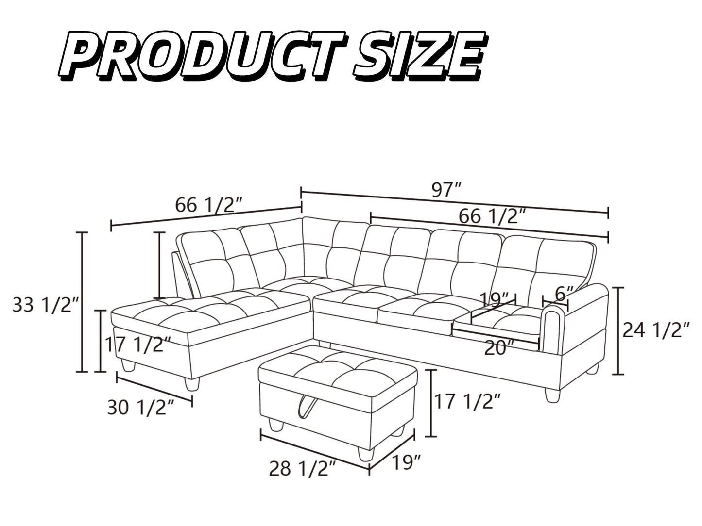 Trygoal 97" L Shaped Couch Sectional Couches with Chaise and Storage Ottoman, 3 Pieces Modular Convertible Sofa for Living Room Furniture Sets and Small Apartment Faux Leather, Grey Blue