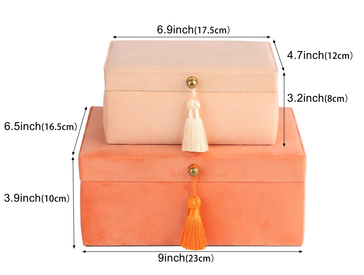 HofferRuffer Velvet Jewelry Boxes Decorative Boxes, Storage Accessory Organizer Boxes with Elegant Handle Decor, Classic Velvet Set of 2 Pieces (Orange)