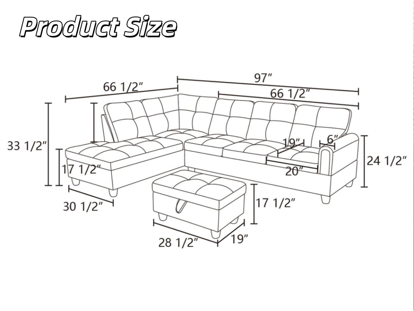 Trygoal 97" Leather 4-Seat L-Shaped Sectional Sofa with Movable Chaise & Storage Ottoman - 3-Piece Modular Convertible Couch for Living Room, Bedroom, Apartment & Office, Gray Blue