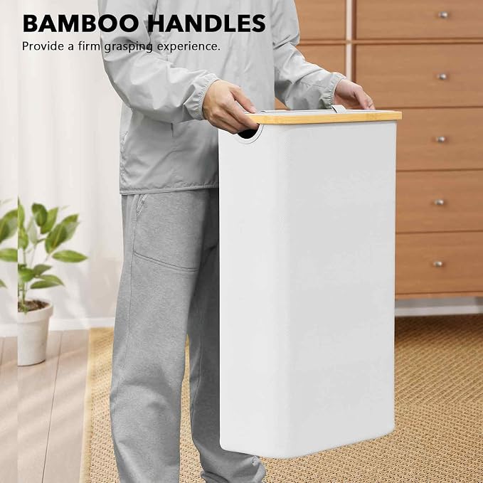 SpaceAid Slim Laundry Hamper with Lid, 65L Narrow Clothes Basket Bin with Bamboo Handles, Skinny Tall Collapsible Hamper for Bedroom, Bathroom, Dorm, Laundry Room - White