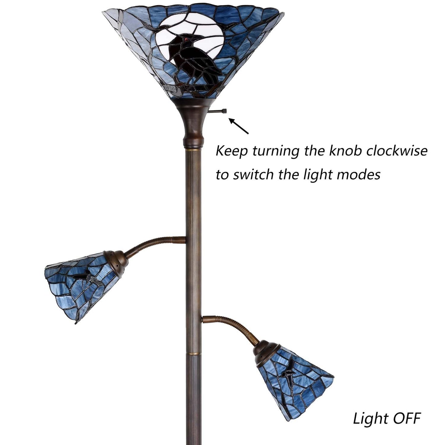 Bieye L10957 Raven Sitting on Bare Tree Branch in Full Moon Night Tiffany Style Stained Glass Torchiere Floor Lamp with Sidelights for Reading Home Decor, 70-inches Tall (Dark Blue)