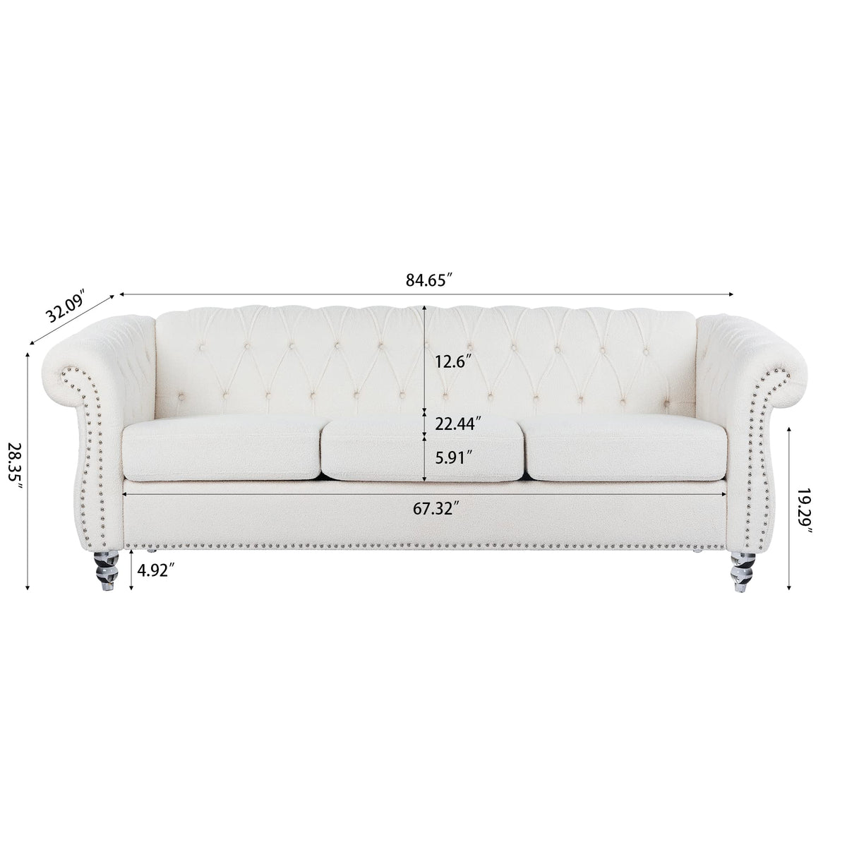Ball & Cast 84" Chesterfield Sofa with Channel Tufted Seat Back,Classic 3 Seater Couch Removable Square Arm Nailhead Trim and Upholstered,Mid Centuryfor Living Room,Bedroom,Office,White Polyester