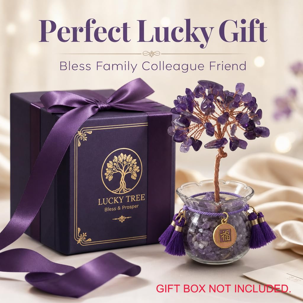 Fatonio Natural Small Amethyst Money Tree Crystal, Handmade Crystal Feng Shui Decor, Positive Energy Wealth Luck Statue Crystal Tree for Home Office Shop Cashier, Ideal Lucky Gift for Women Friends