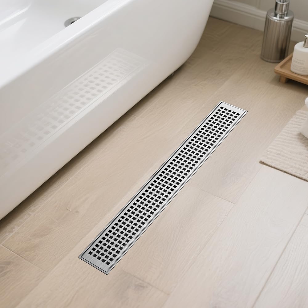 LISEEGO Linear Shower Drain 54 Inch, Brushed AISI 304 Stainless Steel Shower Drain with Square Hole Panel, for Bathroom, Kitchen, Garage & More