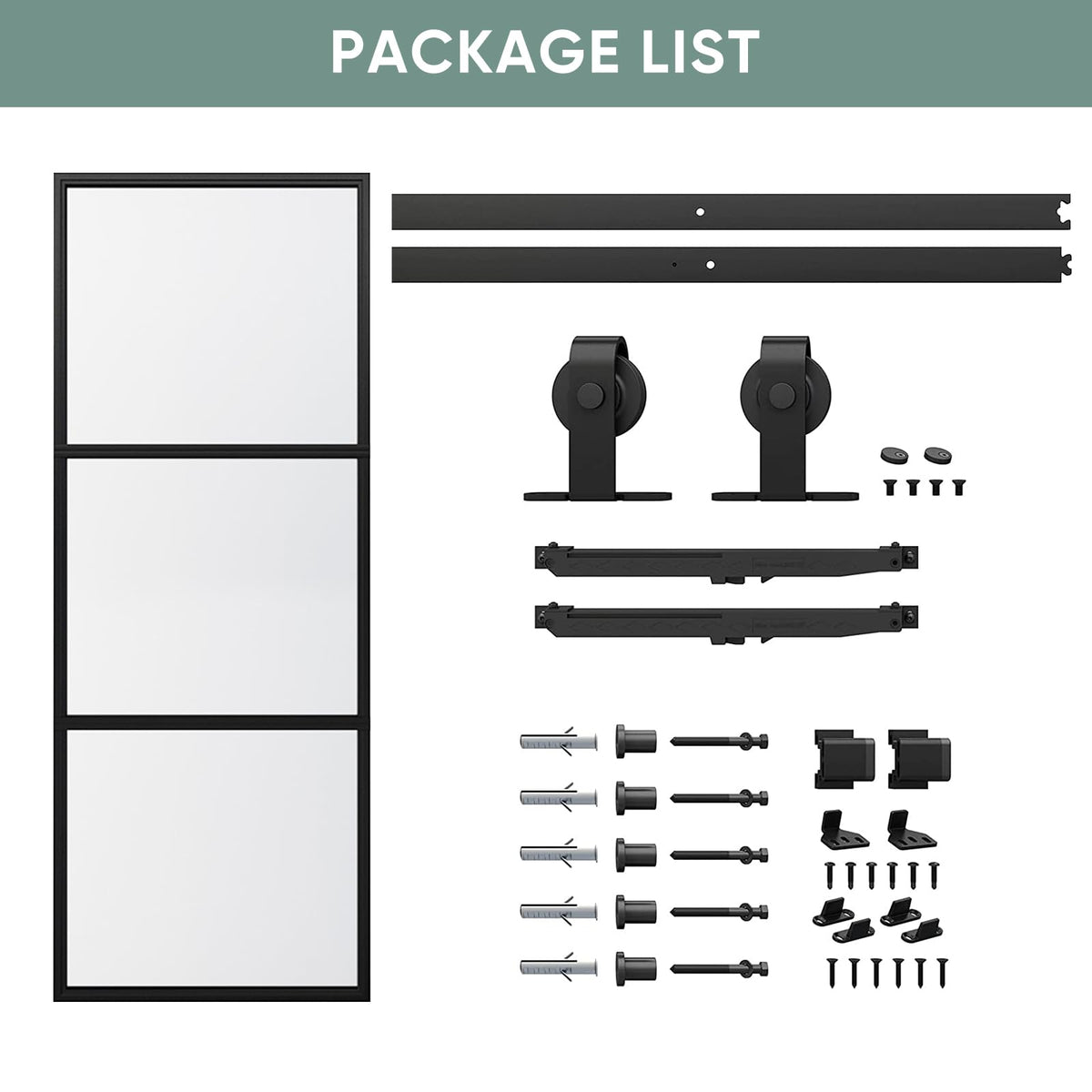 JUBEST 36in x 84in Glass Barn Door, Clear Tempered Glass Carbon Steel Pre Drilled Frame Sliding Barn Door Panel with 6FT Hardware Kit and Soft Close, Easy to Install