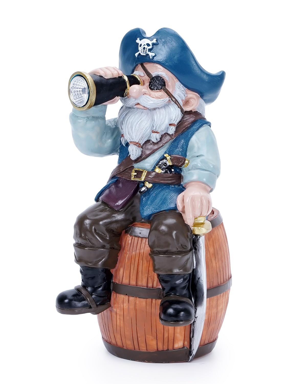 GaloTrek Solar Garden Gnome Statues Funny Resin Pirate Gnome Decorations Sitting on Wine Barrel Outdoor Figurines for Yard Patio Mom Gift