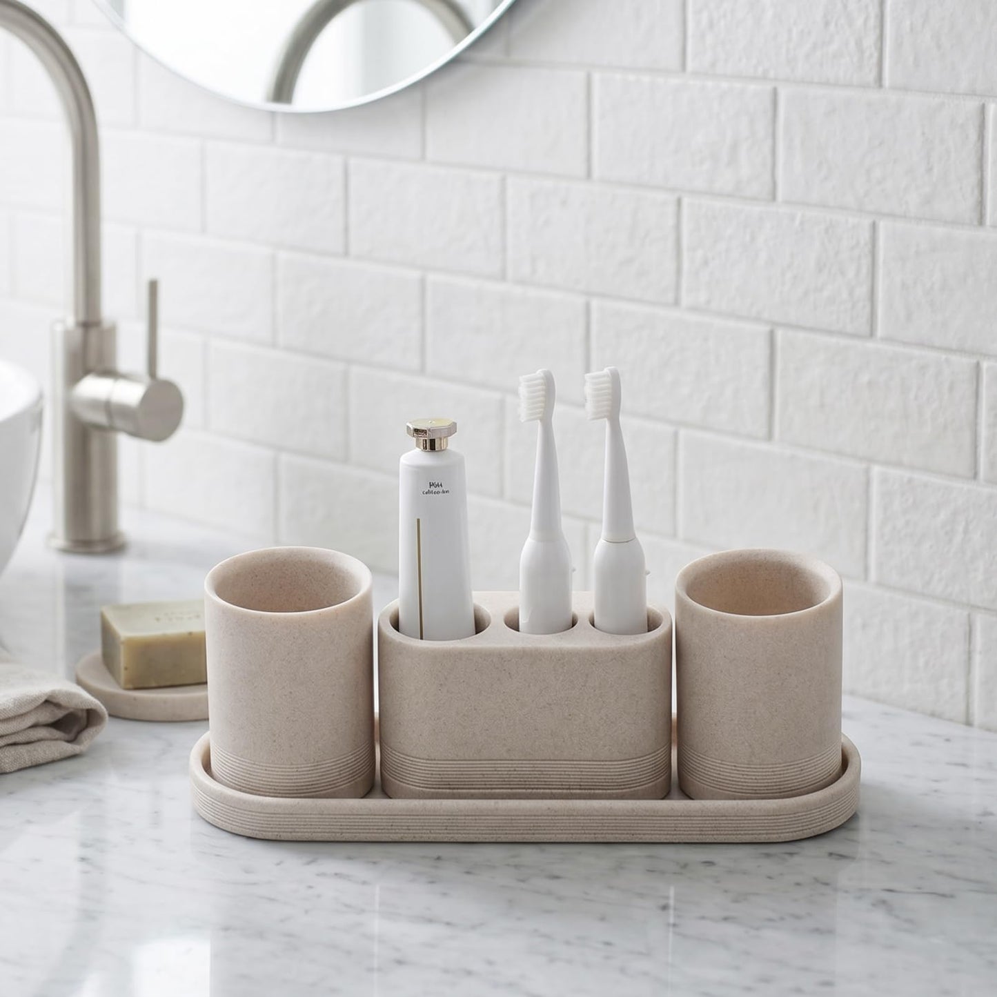 WUUAHOME Bathroom Accessories Set, 4 pcs Toothbrush Holders Set Included 3 Slots Electric Toothbrush and Toothpaste Holder Stand, 2 Tumblers & Tray for Bathroom Countertop Sink Modern Decor (Beige)