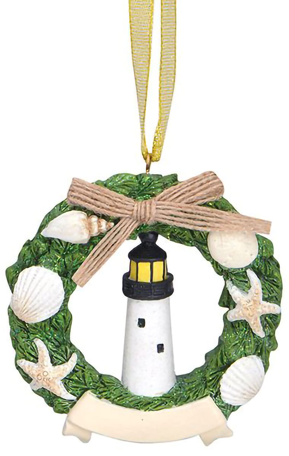 Cape Shore Christmas Resin Ornament, Lighthouse in Wreath with Shells, Holiday Tree Decoration, Home Collection, 3" Diameter