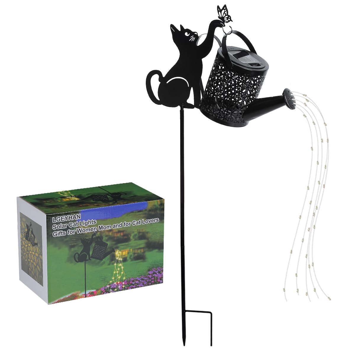 LGEYHAN Black Cat Gifts - Solar Cat Garden Statue,Black Metal Garden Decor,Yard Decor Stakes with Lantern, Gifts for Women Mom and Grandma or for Cat Lovers