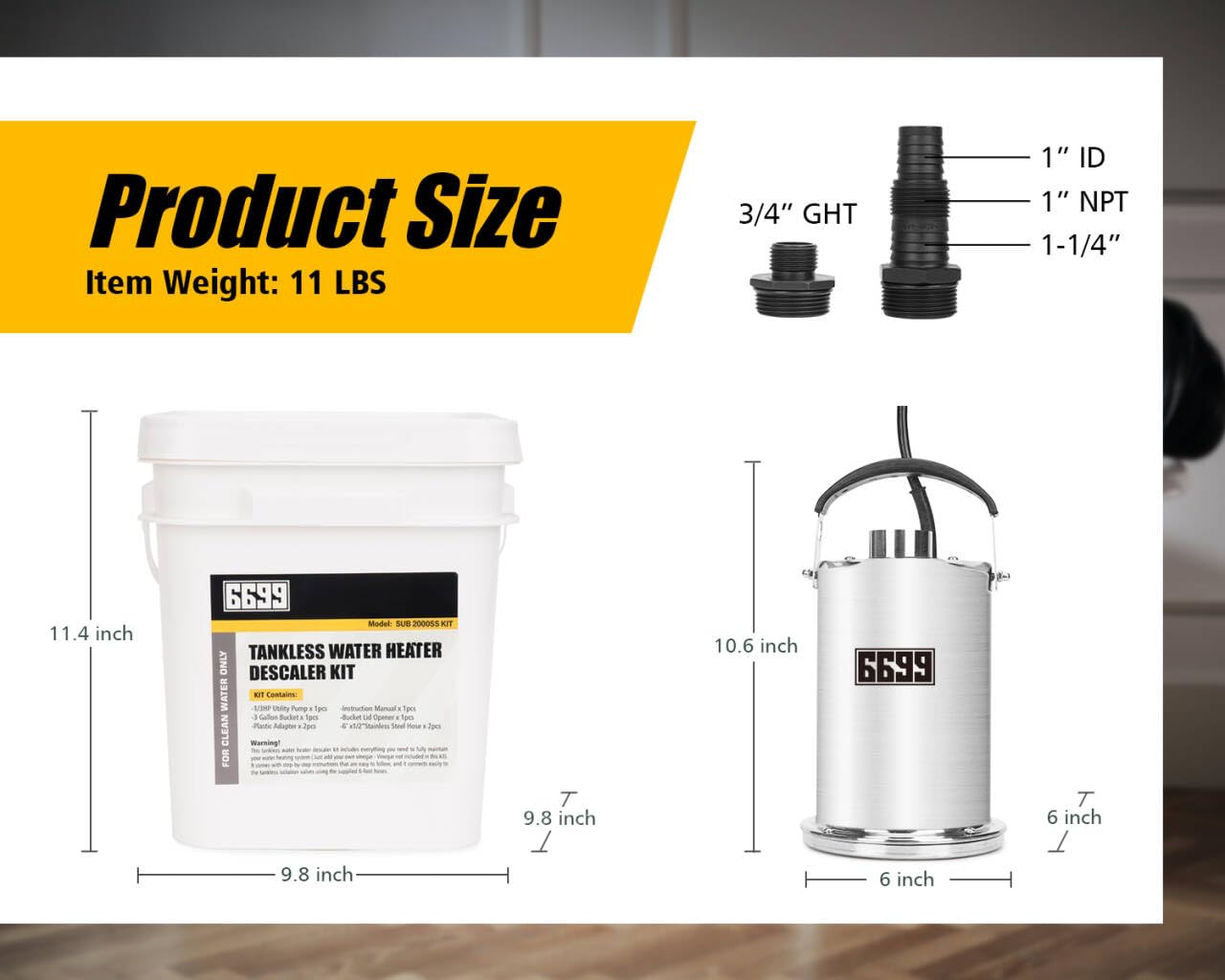 6699 Tankless Water Heater Flushing Kit Includes 1/3HP Stainless Steel Sump Pump with Two Adapters & 3 Gallons Pail with Bucket Lid Opener & Two 1/2” Dia X 6’ Hoses with Washers