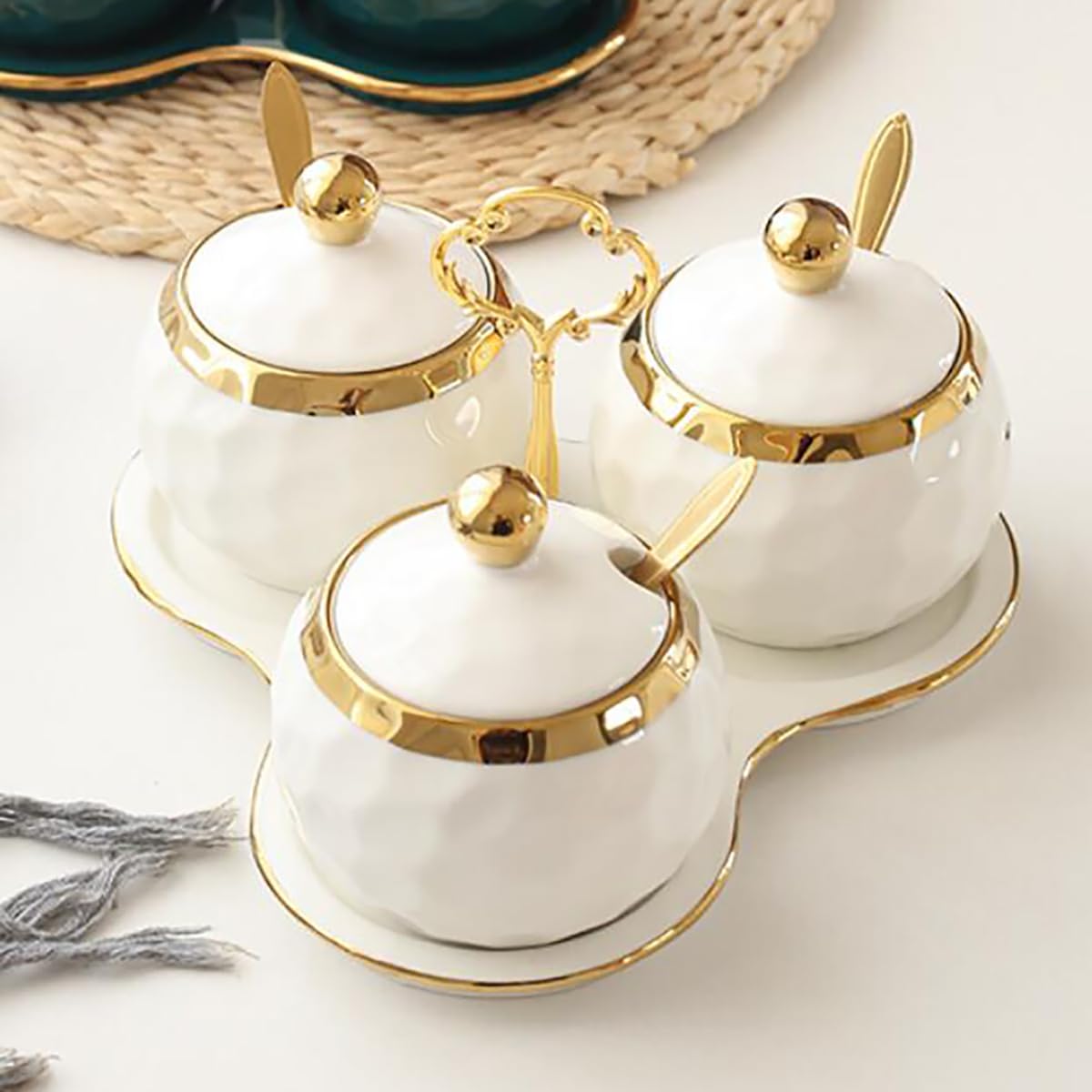 Foraineam Porcelain Condiment Pot Sugar Bowl Spice Jars with Lid, Spoon and Tray, Salt Container Spice Box Seasoning Pots, White Sugar Salt Bowls Set for Kitchen, Restaurant, Coffee Bar, Set of 3