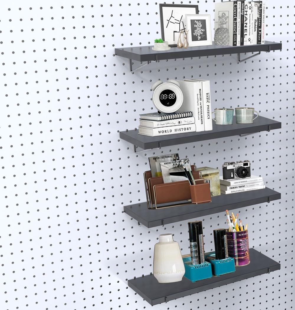 KINOMI Heavy Duty Pegboard Shelves, Value Set of 8 Pack Pegboard Shelf Brackets and 4 Pack Peg Board Shelves for Garage, Home, Garden, Tool Shed (Black)
