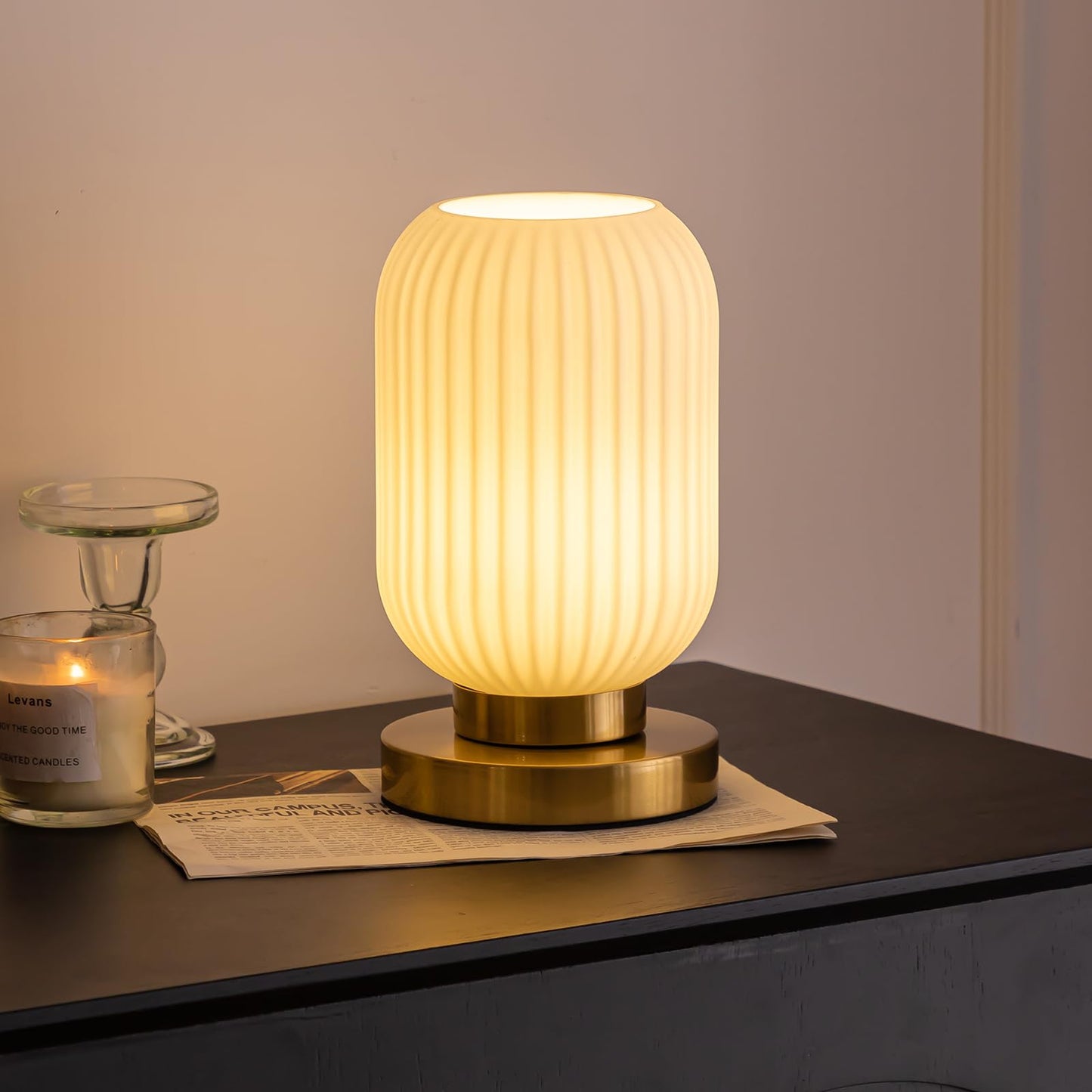 HSMKL Modern Ribbed Glass Table Lamps Mid Century Bedside Light Small Nightstand Lamp with Plug-in Style, E26 Ambient Lighting for Bedroom Living Room Tabletop, Milky White