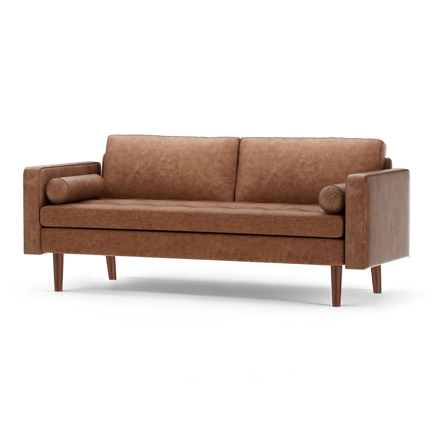 Meeyar 70" Mid-Century Modern Faux Leather Sofa, Comfortable Button Tufted Loveseat Couch with Bolster Pillows & Solid Wood Legs for Living Room, Apartment, Office, 1100lbs Capacity, Brown