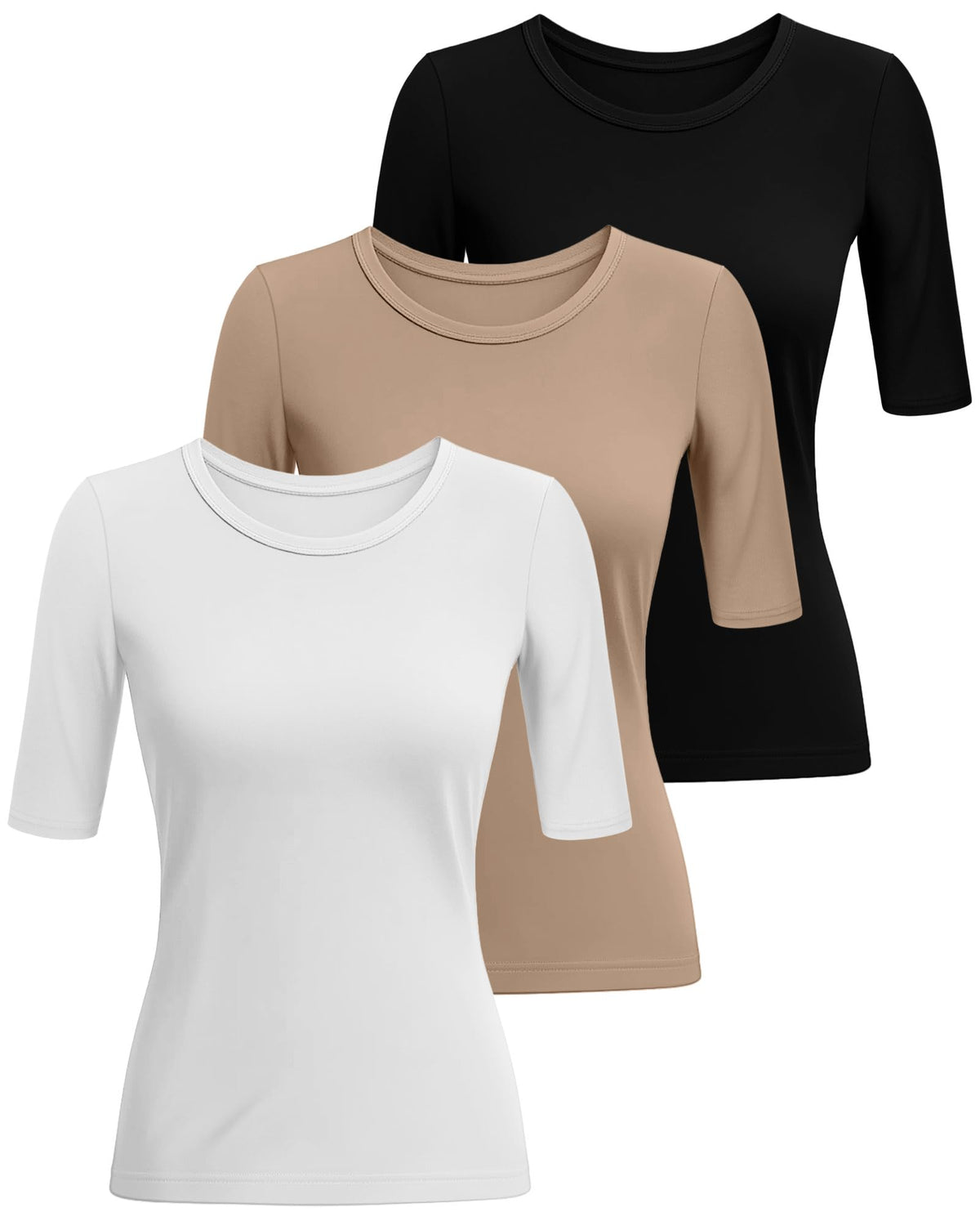 Riyiper 3 Pack Women's 1/2 Sleeve Tops Half Length Sleeve Cotton Crewneck T Shirts Slim Fit Casual Elbow Summer Basic Tees(Black, White, Khaki,S)