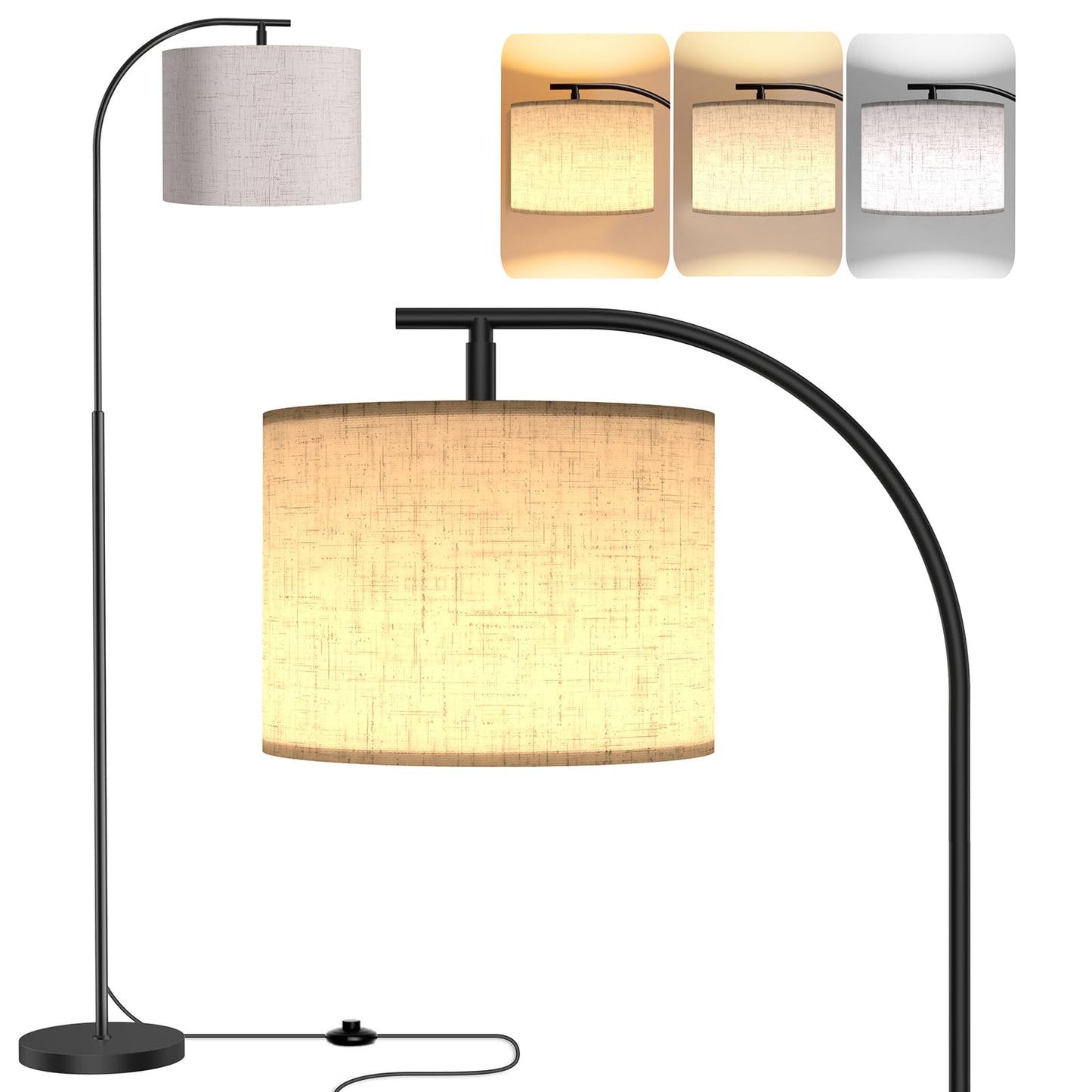 SIBRILLE Floor Lamp with Linen Shade, Arc Dimmable Tall Standing Lamp with Remote Control, Modern Floor Reading Light for Living Room Bedroom Office Corner, 9W LED Bulb Included