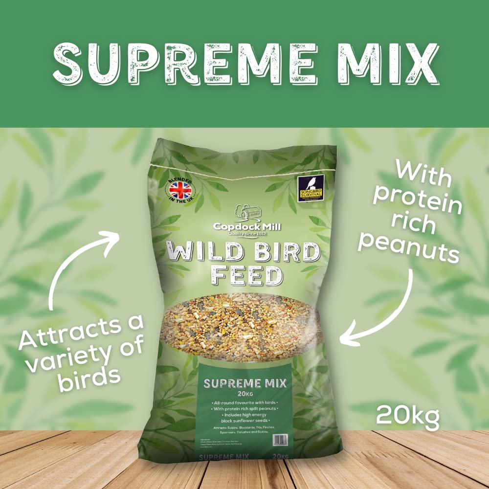 Copdock Mill Wild Bird Seed Supreme Mix 20kg – All Year-Round Bird Food – 100% Natural Ingredients Including Peanuts for Wild Birds – Suitable for All Wild Bird Species