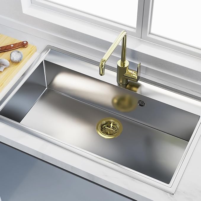 KONE 3-1/2 Inch Kitchen Sink Drain Assembly Stainless Steel Gold Kit