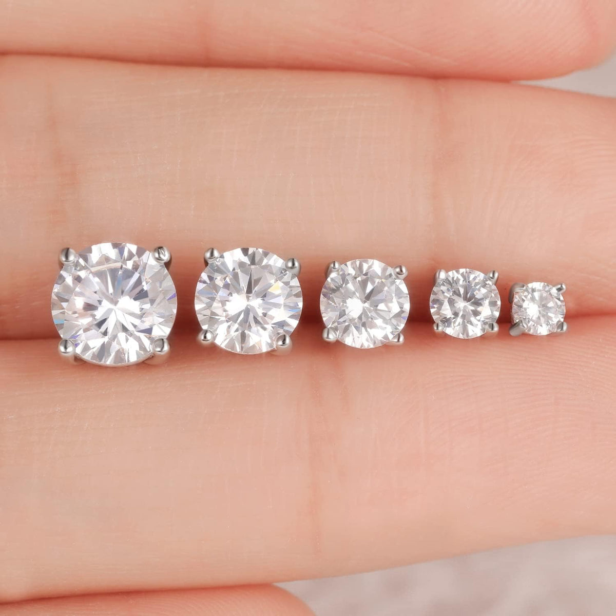 Gemsme Princess Cut Cubic Zirconia Stud Earrings for Women/Men - 5 Pairs 18K Gold Plated Hypoallergenic 3-7mm Round Clear CZ Earring Set - White Gold