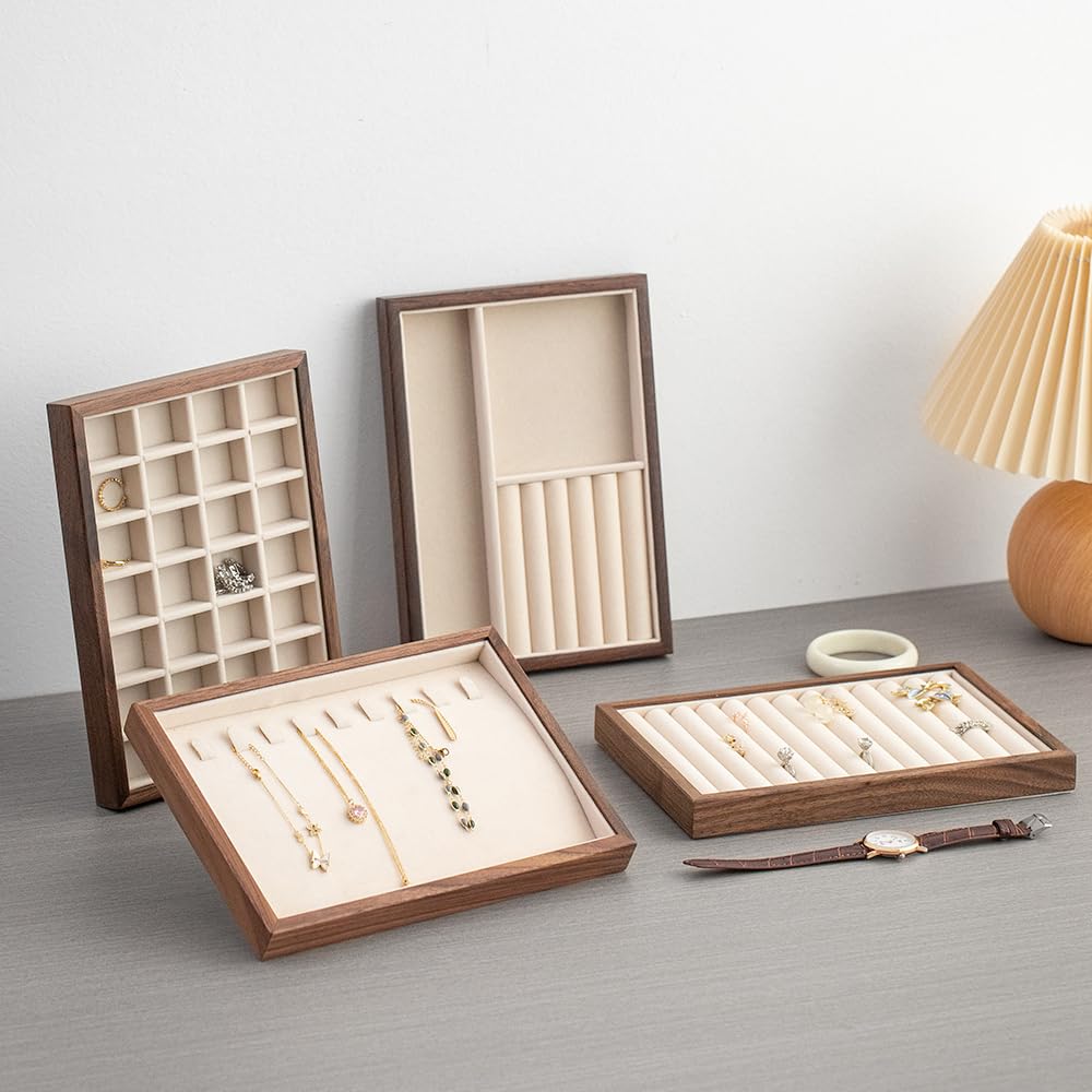 MIGAKU HOME 28-Grid Black Walnut Wooden Jewelry Tray with Velvet Lining, Premium Jewelry Display Tray for Earrings and Rings, Drawer Organizer Display Tray for Women's Jewelry Collection