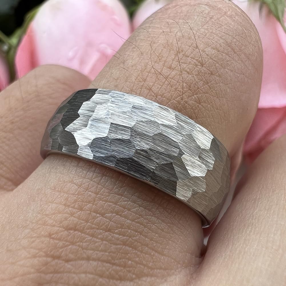 TUTISS 8mm Hammered Tungsten Rings for Men Women Fashion Engagement Wedding Bands Domed Matte Finish Comfort Fit Size 8