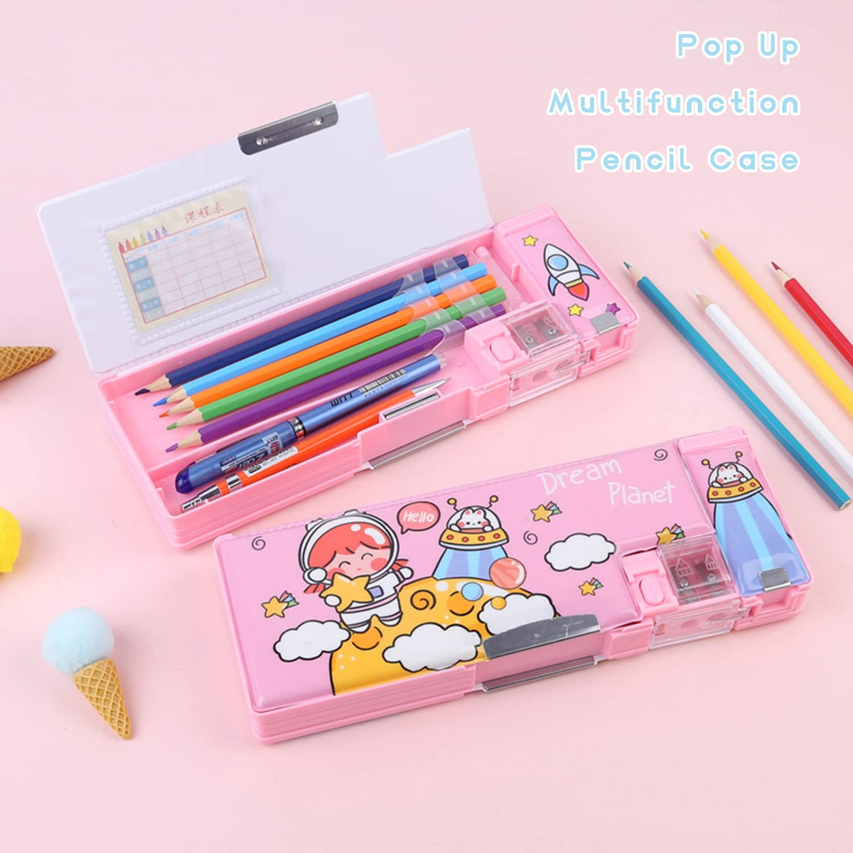 LilyBeauty Pop Up Multifunction Pencil Case for Girls and Boys, Cute Cartoon Pen Box Organizer Stationery with Sharpener, Schedule, School Supplies, Best Birthday Gifts for Kids【Pink-Dream Planet】