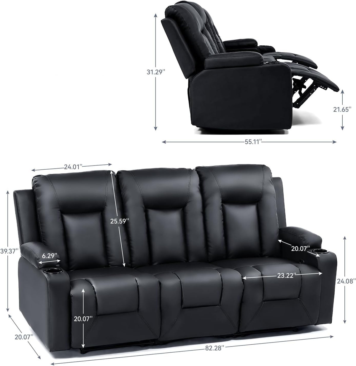 LUCKLIFE Leather Recliner Sofa Set with Manual Recliners,Living Room Furniture Set with Reclining Couch,Loveseat and Armchair,Living Room Chair with Cup Holders,Black (3+2+1)